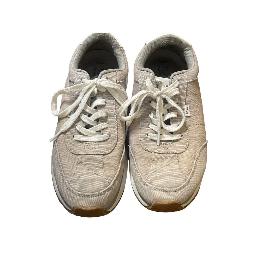Toms Womens Wyndon Sneakers Beige Canvas Casual Shoes Lace Up Size 7.5 READ